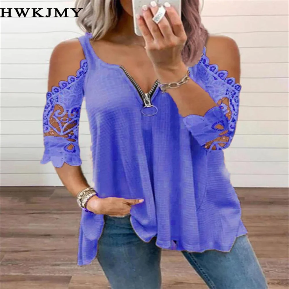 Summer New Lace Petal Half Sleeve Zipper Ladies T-Shirt for women Oversize Off Shoulder V-Neck Loose Casual Top Tee Tunic 8XL