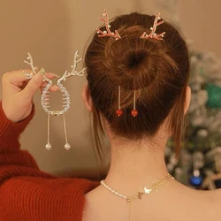 Haimeikang-Pinzas para el pelo para niña y mujer, accesorios para el cabello de horquilla para Festival con borla de cuerno de alce de Navidad, botón de cola de caballo, dorados de moda