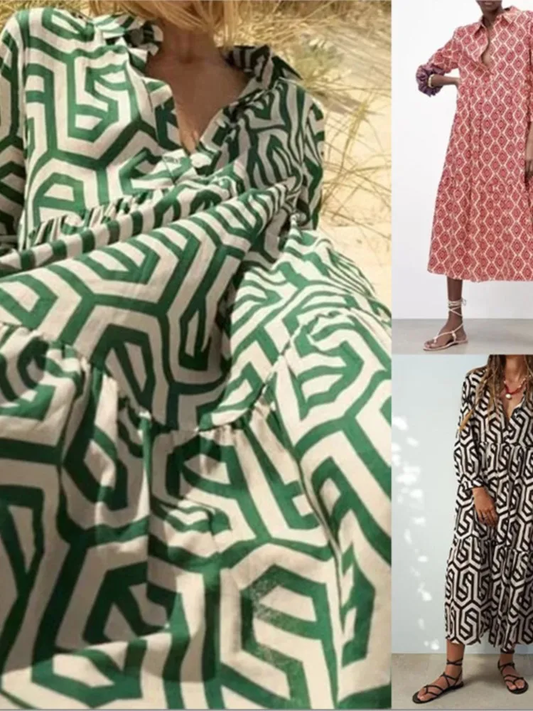 春夏の新作レディース長袖ラペルグリーン幾何学模様プリントシャツスタイルミッドレングスドレス