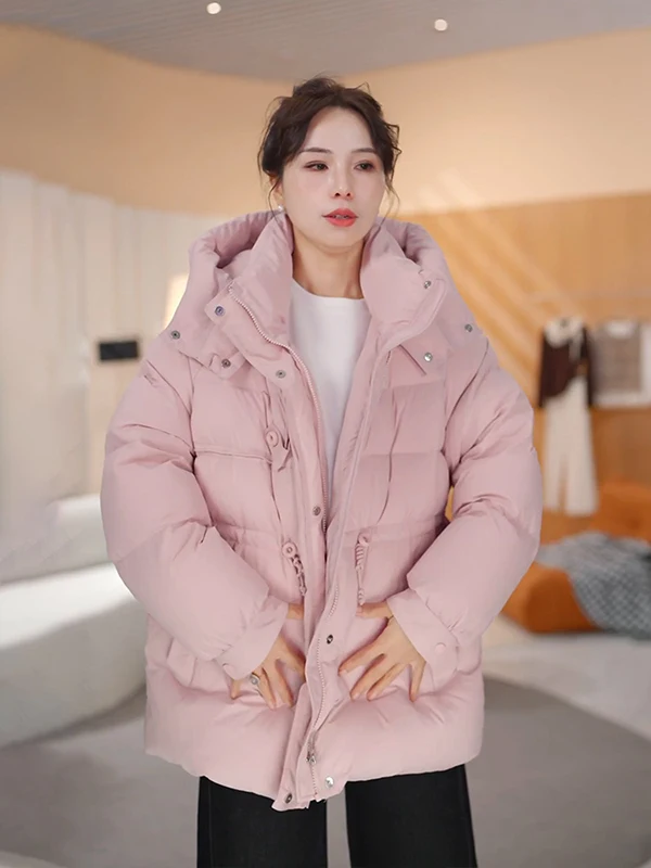 

Faionable Thiened Пуховик с капюшоном Женская свободная куртка средней длины с хлебом Теплая повседневная нейлоновая ткань белого цвета Du...