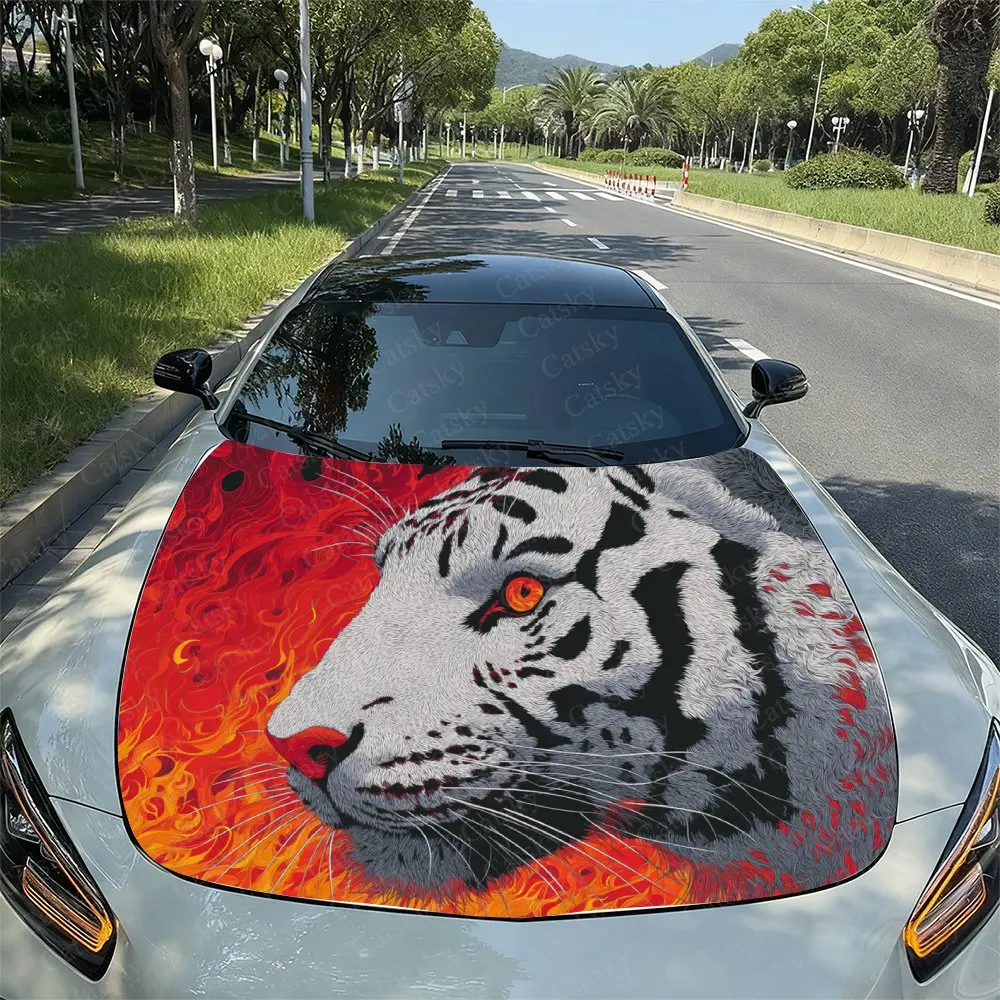 

Flame Red Eyes Tiger Print Hood Decal - PVC Material, Racing Car Body Vinyl Sticker, External Modification Decoration For Vehicl