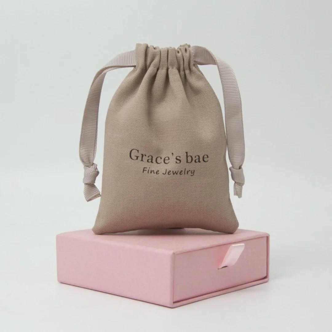 Personalized brown Cotton Canvas Jewelry Packaging Wedding Favor Bags Drawstring Custom Logo Chic Small Pouch
