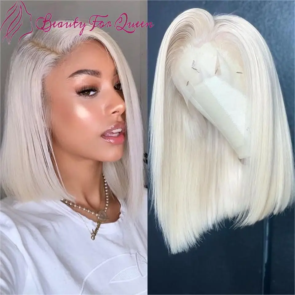 Peluca de cabello humano liso con encaje Frontal, pelo corto Bob, color Platino, 150% de densidad, brasileño, Remy, 60