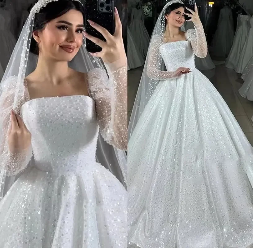 Customized Square Neck Sparkly Heavy Pearls Beads Ballgown Wedding Dress Vestido De Noiva Charming  Full Sleeves Bridal Gowns