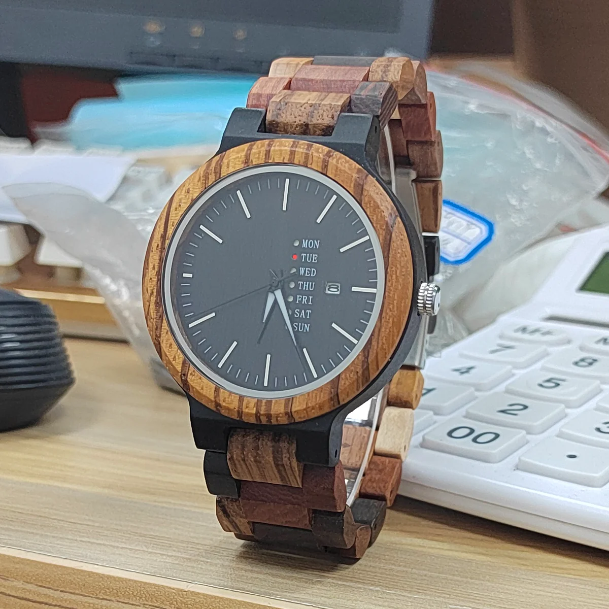 Men\'s Watch Multifunctional Wooden Quartz Wrist Watch for Men Week and Date Wood Clock Display Personalized Gift