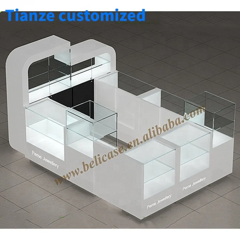 

(Customized) White shopping mall toy display cabinet jewelry kiosk design perfume Display kiosk wood glass display showcase with