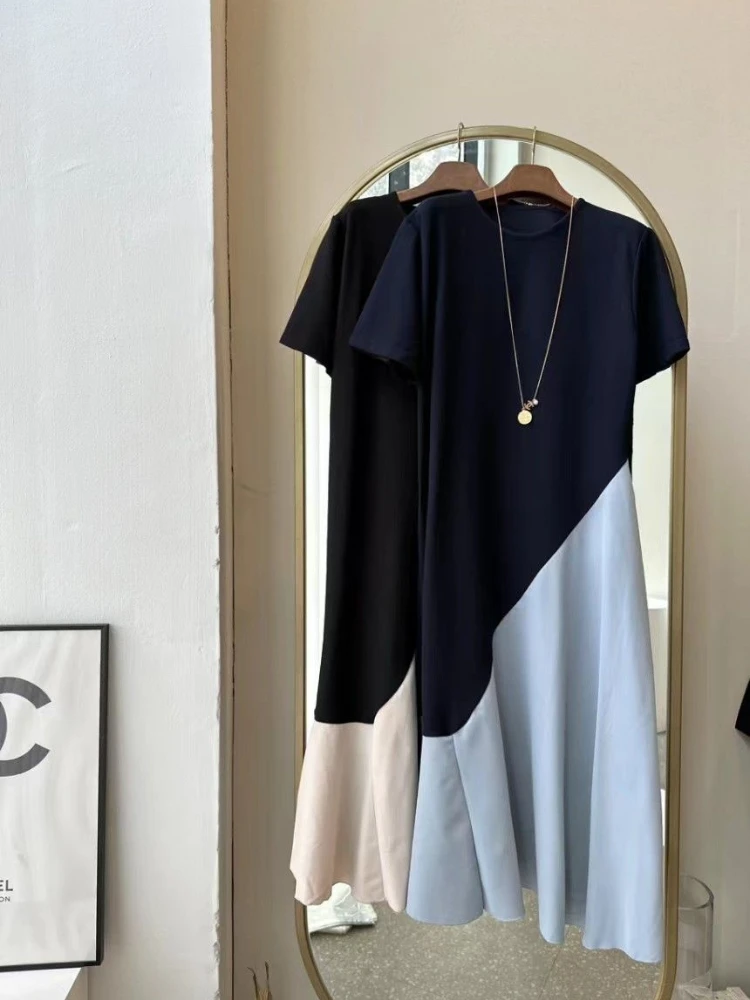 2025 صيف جديد كوريا فستان امرأة غير النظامية Vestidos رداء Elbise فضفاض حجم كبير المرقعة قصيرة الأكمام فستان طويل #3