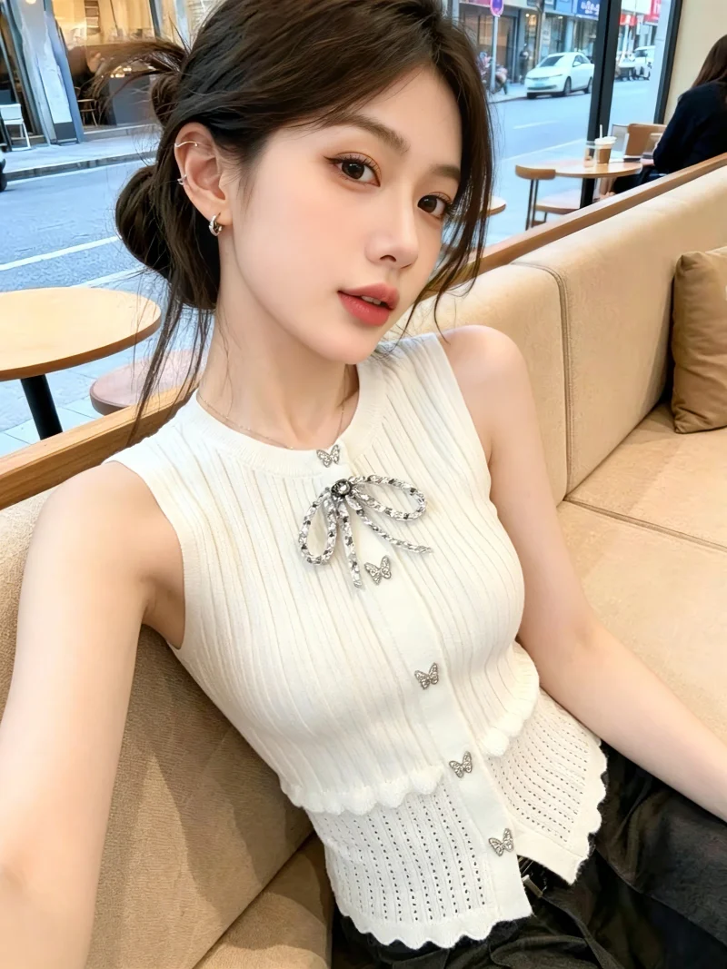 

Elegant Hollow out Knitwear Women's Summer Fashion Knot Sleeveless Top Self-Keeping Style Korean Version Slim Fit