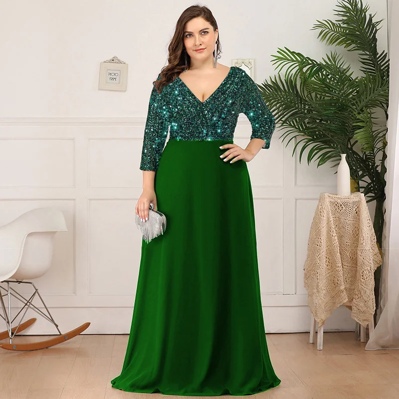 Plus Size Party Dresses Women 2023 New Fashion Sexy Sequins Chiffon Splicing V-Neck Elegant Dresses Large Cocktail Evening Gowns