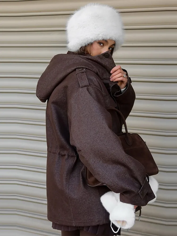 Kapuzenjacke mit Mehreren Taschen und Kordelzug für Damen, Streetwear-Stil mit Stehkragen, Epauletten, Langen Ärmeln, Locker Geschnittene Mäntel, Schicke Damen-Oberbekleidung – Detail 19