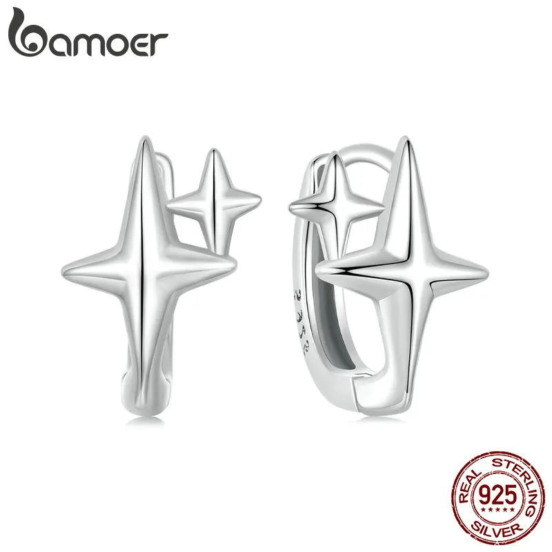 BAMOER Solid 925 Sterling Silver Starlight Hoop Earrings for Women Star Huggie Earrings Hoop BSE1076