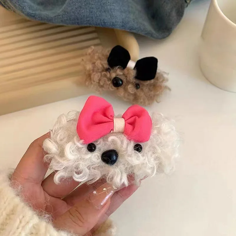 Chic Lovely Curly Hair Puppy Hairpins Fashion Bow Little Dog Plush Hair Clips For Girls Autumn Winter Cartoon Hair Accessories