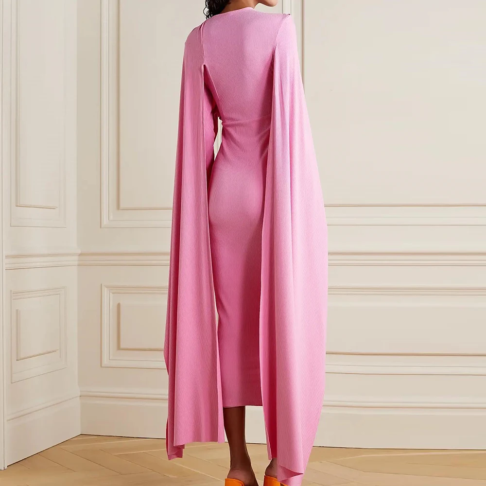 Customized Modern Watteau Train Pleats Evening Dresses Fashion Straight Pink Jersey Crew Neck Tea Length Party Gowns فساتين سهرة