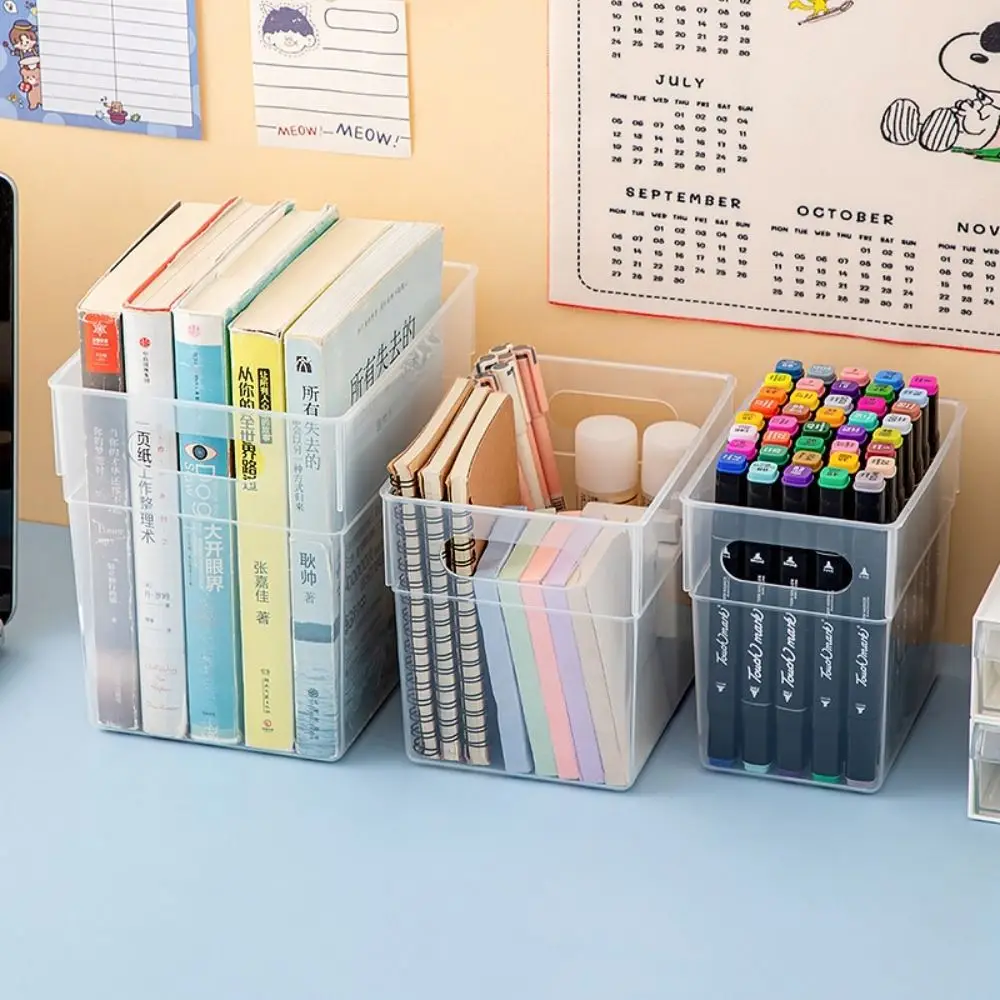 Simple Plastic Miscellaneous Storage Box Transparent Portable Marker Pen Holder Cosmetics Storage Basket School Office