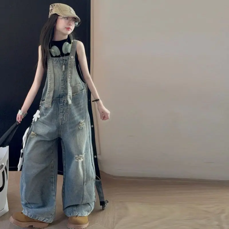 Child Retro Strap Bib Jeans Jumpsuit for Teenage Girl Fashion Ripped Denim Suspender Overalls Kids Stylish Dungarees With Holes