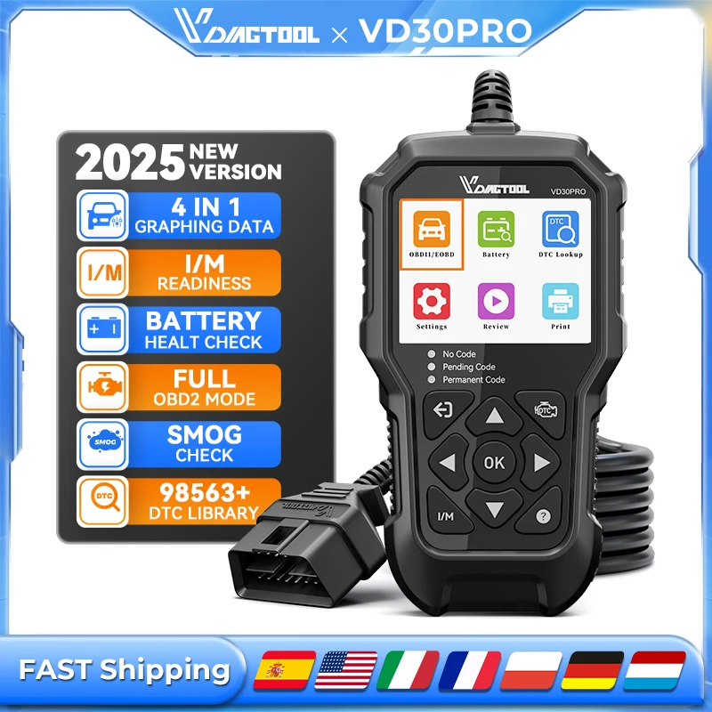 Herramienta de diagnóstico de escáner VDIAGTOOL VD30 Pro OBD2 con reinicio de datos en vivo marco de congelación lectura I/M para automóviles y camiones
