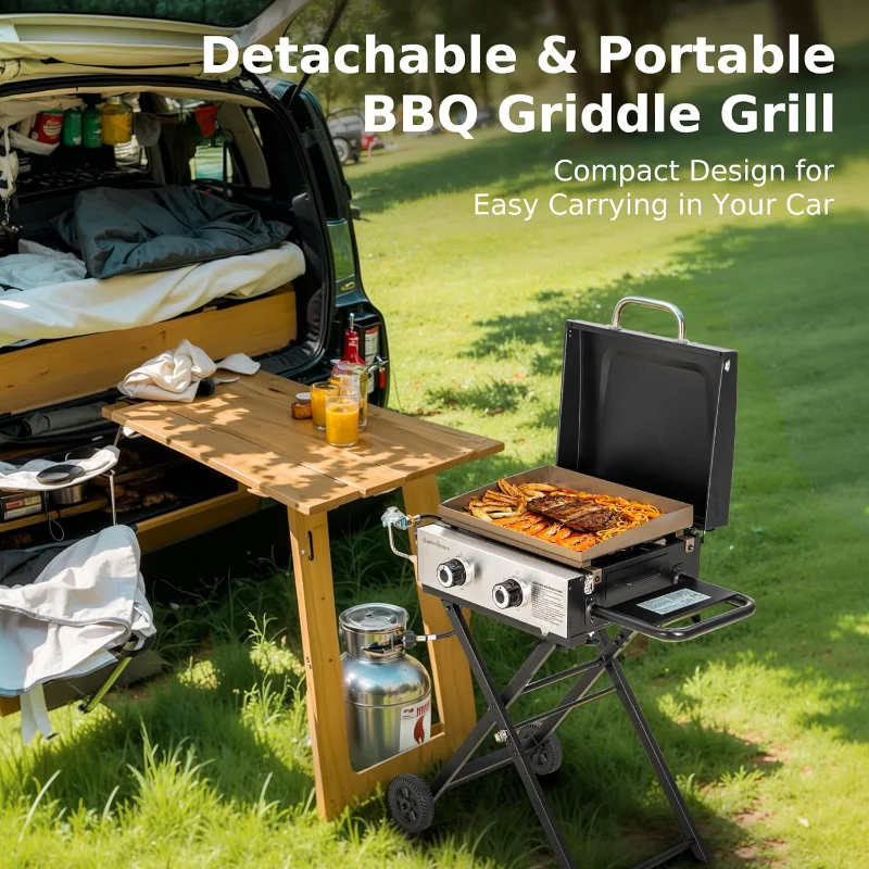 MFSTUDIO Small Portable Propane Griddle, 2 In 1 Gas BBQ Travel Grill with Foldable Stand, Compact and Light Countertop Grills