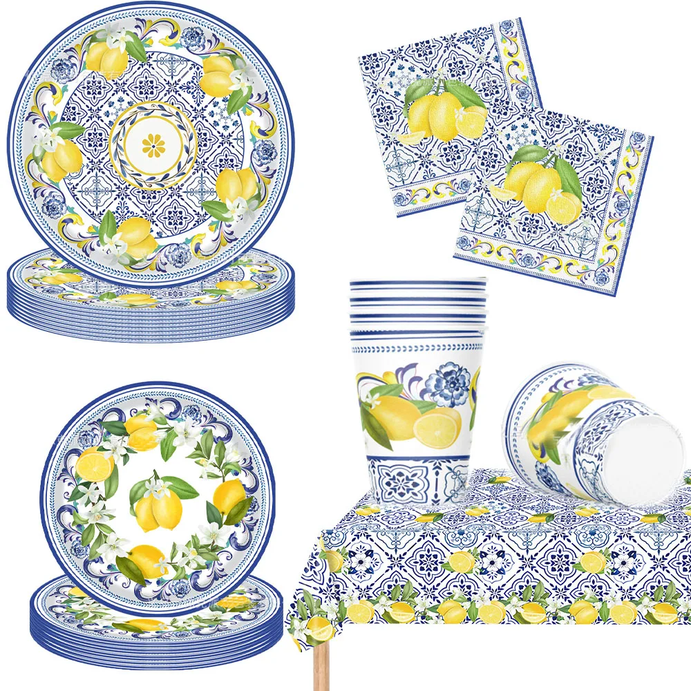 51Pcs Platos Desechables Porcelana Azul Set De Servilletas Vasos Y Platos Descartables Mantel Rectangular Limon Decoracion Dolce Vita Fiesta Boda Tema Cumpleaños Suministros Vajilla Desechable Italiana Ceramica Deco