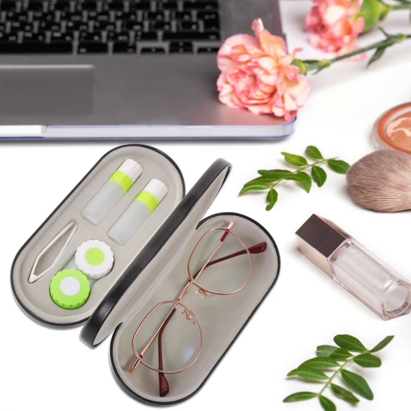 2-in-1 Eyeglass Case Lens Kit Combo Compact Lined Protective Storage for Glasses Contacts Travel Essentials Fits Most Standard