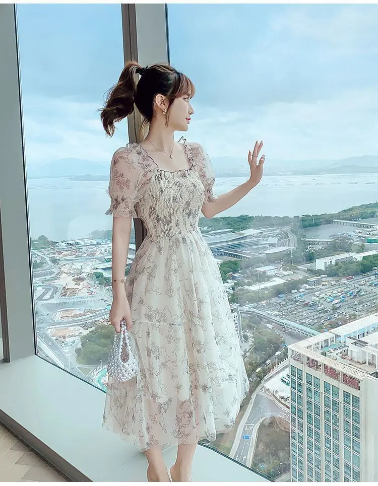 Vestidos de manga curta feminino ajuste apertado primavera gaze em camadas puff manga fofo império cintura fairycore suave adorável doce sonhador