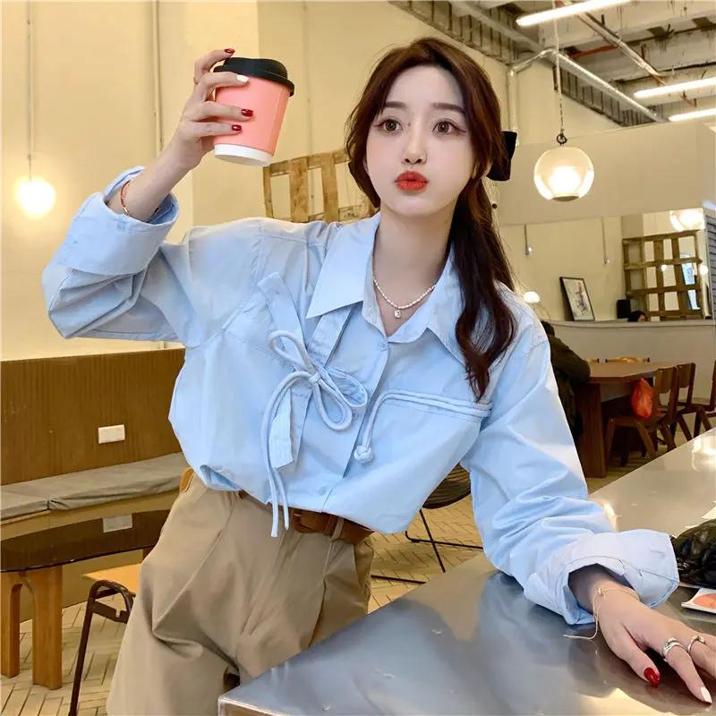 Shirts Women Solid Bow Sweet Chic Long Sleeve Camisas Mujer All-match BF Style Fashion Popular Early Spring College New Simple