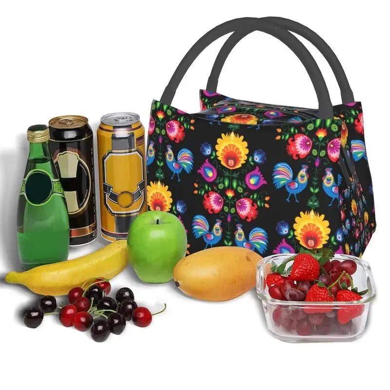 Polish Folk Flowers And Roosters Lunch Box for Women Waterproof Poland Floral Art Cooler Thermal Food Insulated Lunch Bag