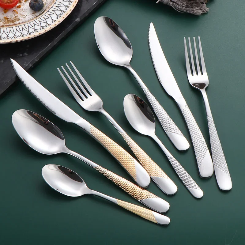24pc star diamond cutlery set, stainless steel knife fork spoon tea spoon cutlery set, suitable for holiday parties.