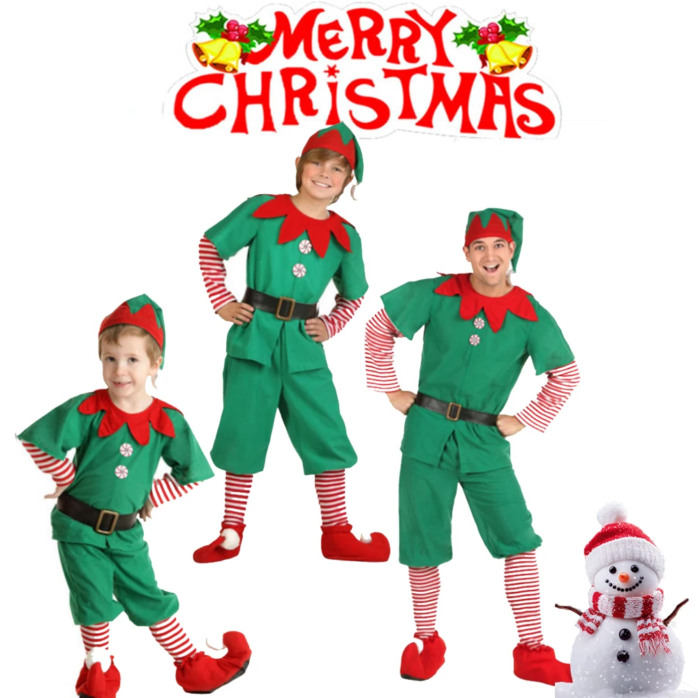 Family Outfits Christmas Santa Claus Costume For Men Boys Green Elf Dad Son 4pcs Set Clothes Carnival Party Sets Outfit+hat+Belt