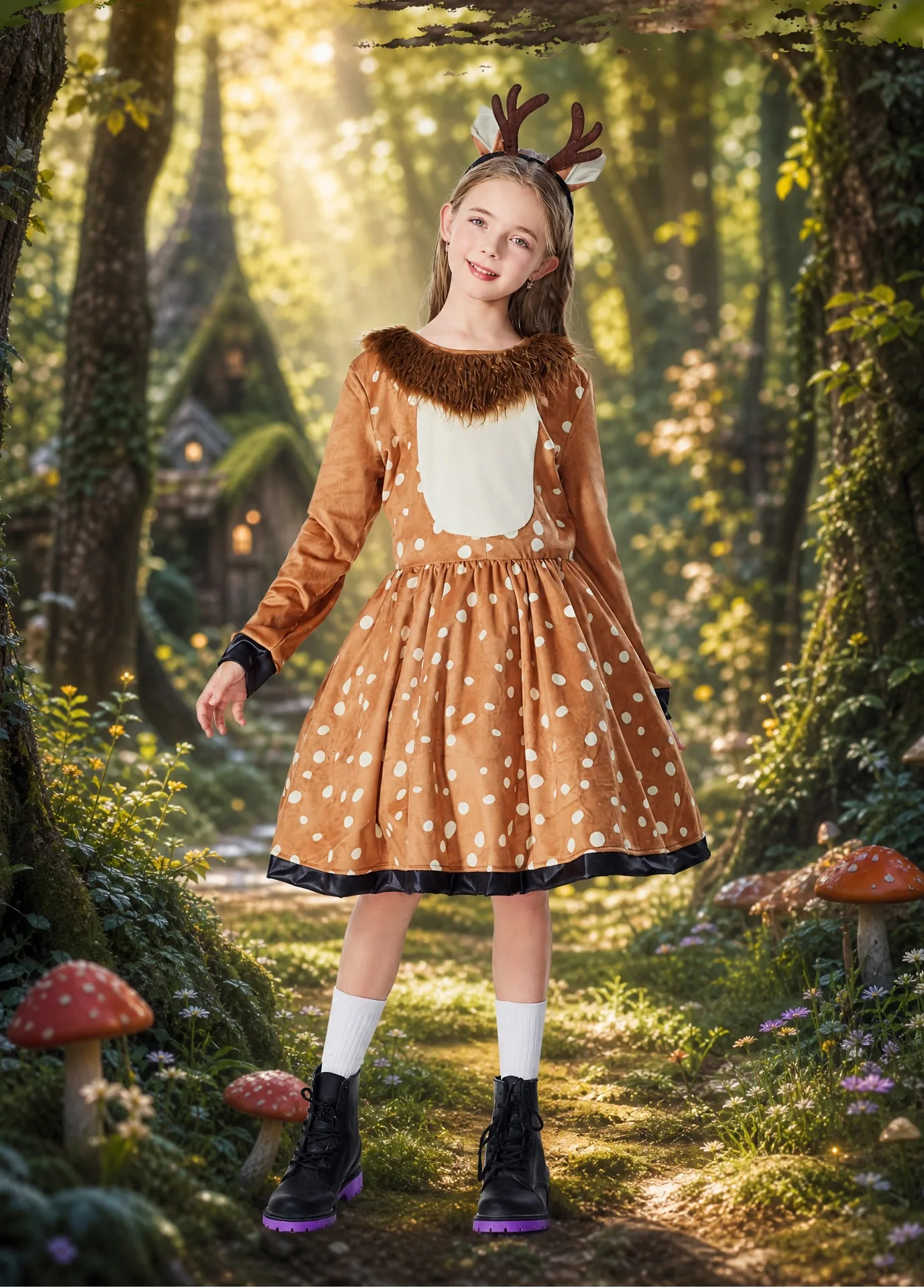 Wunderschönes Weihnachts-Rentier-Kostüm für Kinder, weiches, gepunktetes, ausgestelltes Festkleid, Weihnachts-Bühnenauftritt, Party, Tierkostüm – Detail 2