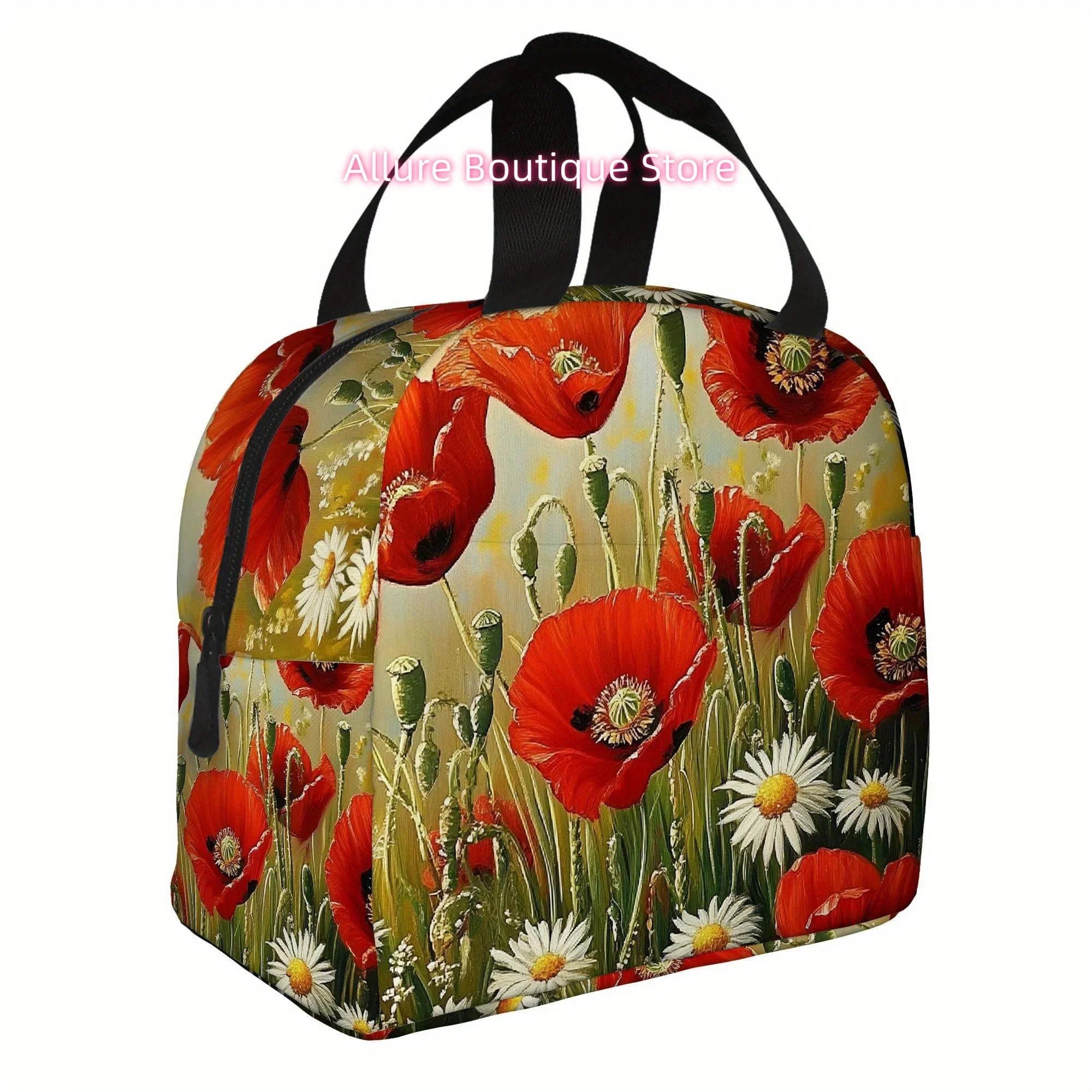 1pc, Featuring Red Poppies And White Daisies in a Field. This Is a Printed Thermal Bag Designed for Insulation, Not Intended for