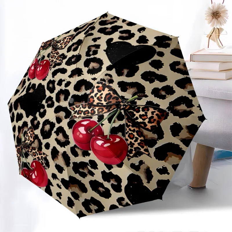 

Leopard print folding Umbrella Fashionable Auto-Open Design 8 Iron Ribs Plastic Handle Foldable Sunshade Perfect festival Gifts