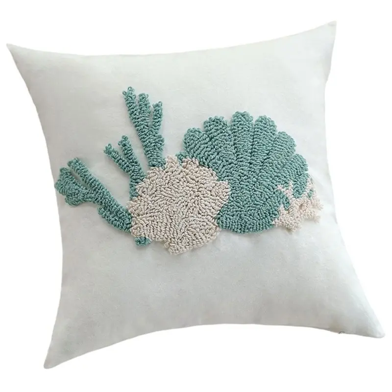 [NEW!A47U】 Square 18 Inch Tufted Decorative Throw Pillow Cover Coastal Blue Green Coral& Shell Pattern Cushion Cover Home Decor