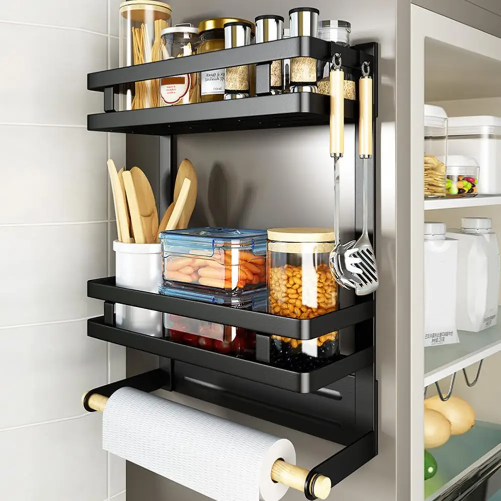 

Magnetic Refrigerator Storage Rack Kitchen Magnetic Storage Rack with Paper Towel Holder Spice Shelf Organizer Strong