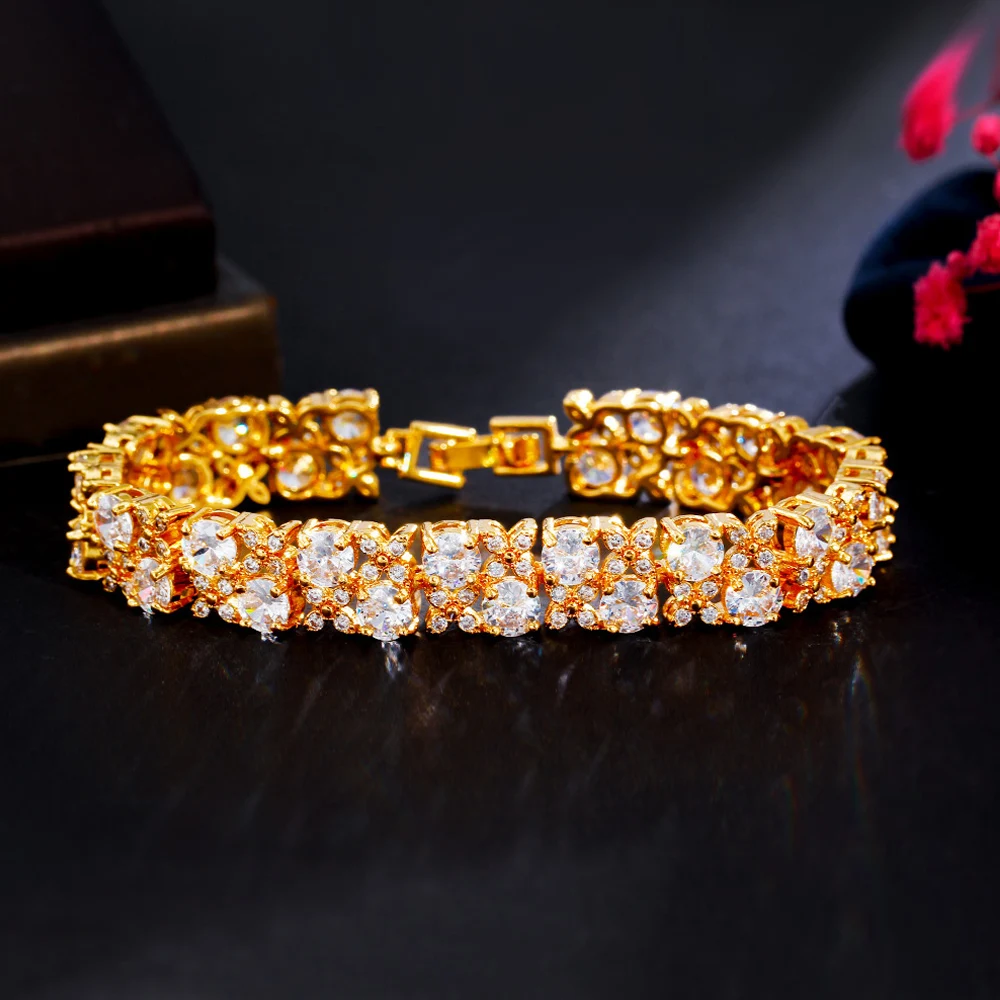 ThreeGraces Elegant Blue Cubic Zirconia Gold Color Luxurious Nigerian Dubai Wedding Prom Bracelet for Women Trendy Jewelry BR240