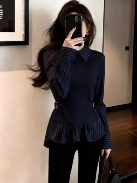 

Повседневная женская рубашка в корейском стиле, весенняя, для офиса, темно-синяя, с эффектом двухслойности, дышащая, с длинным рукавом, в полоску