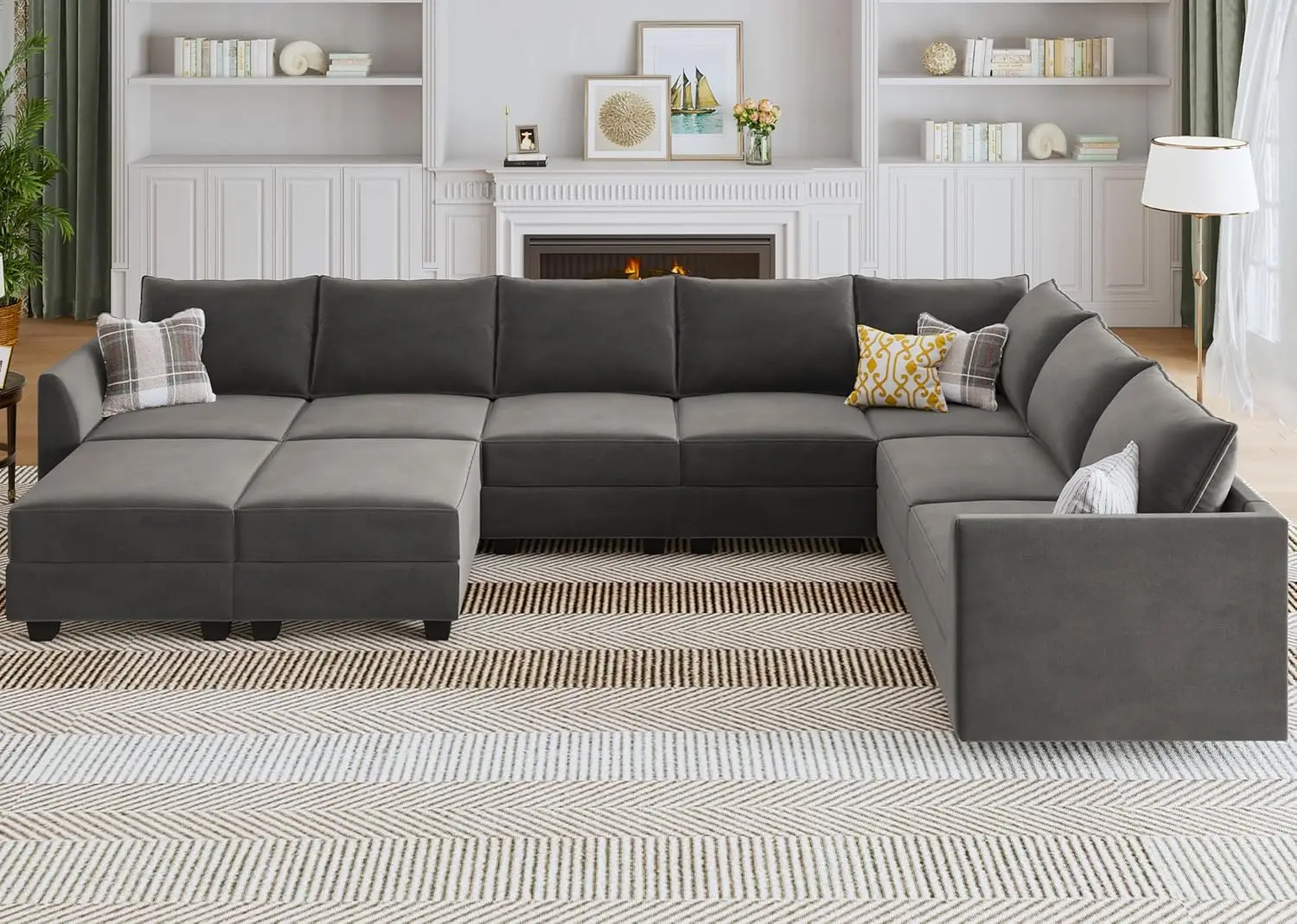 Modular Sectional Sofa Velvet U Shaped Couch with Storage Oversized Sectional Sofa Couch for Living Room, Grey