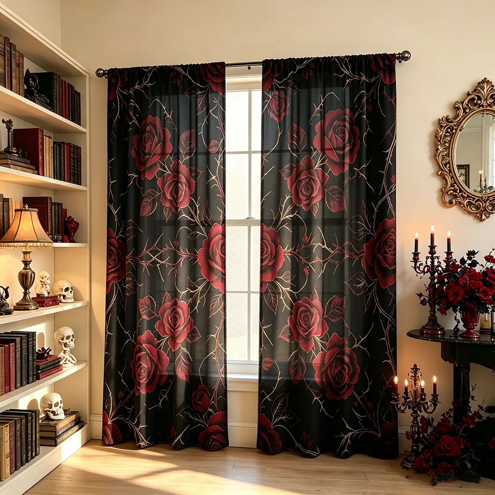 2PCS Digital Printed Curtains, Black Dark Red Rose Thorn Vine Pattern, Gothic Romantic Dark Style for Bedroom Living Room Decor