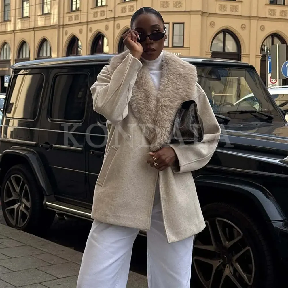 

KONDALA 2026 Winter Spring Women Patchwork Faux Fur Collar Long Coats Fashion Elegant Turndown Collar Warm Single Button Coats