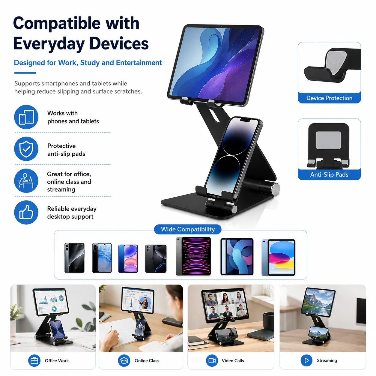 Aluminum Dual Layer Phone Tablet Stand, Foldable Adjustable Desktop Holder for Smartphone & iPad view 6