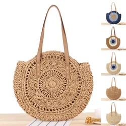 Round Straw Beach Bag Vintage Handmade Woven Shoulder Bag Raffia circle Rattan bags Bohemian Summer Vacation Casual Bags