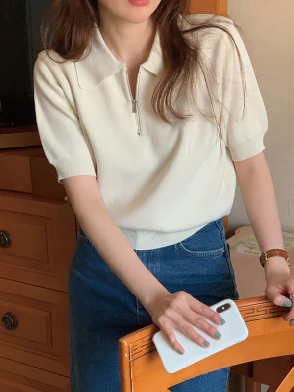 

Женская трикотажная футболка с коротким рукавом на молнии, уникальный дизайн, летняя модная одежда, высокое качество, полиэстер, повседневная одежда