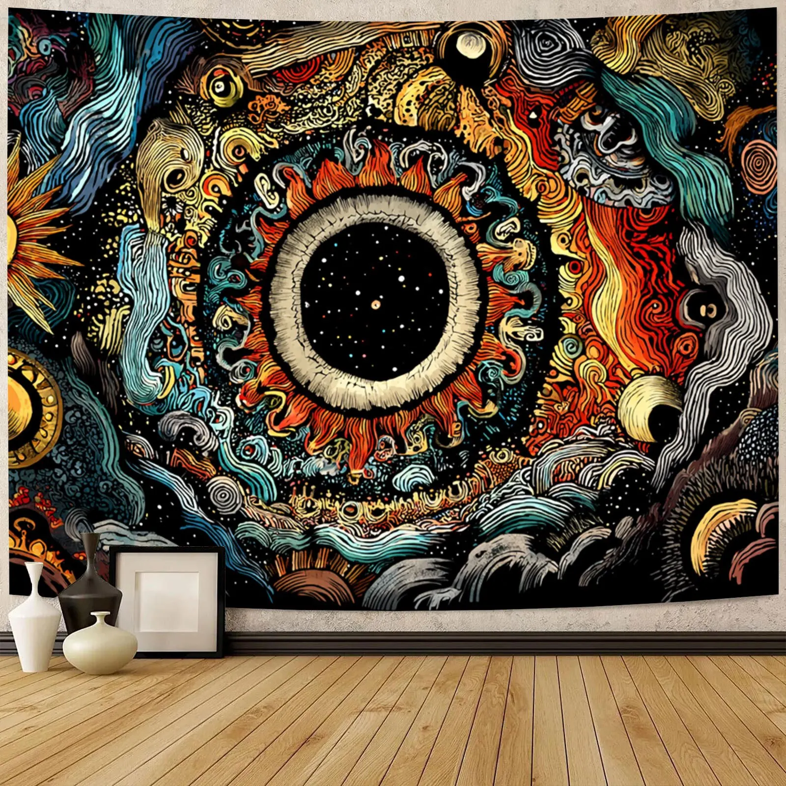 Mystical Eye Tapestry, Trippy Print with Cosmic Eye, Swirls & Astrological Symbols,Wall Art for Living Room, Dark Bohemian Decor