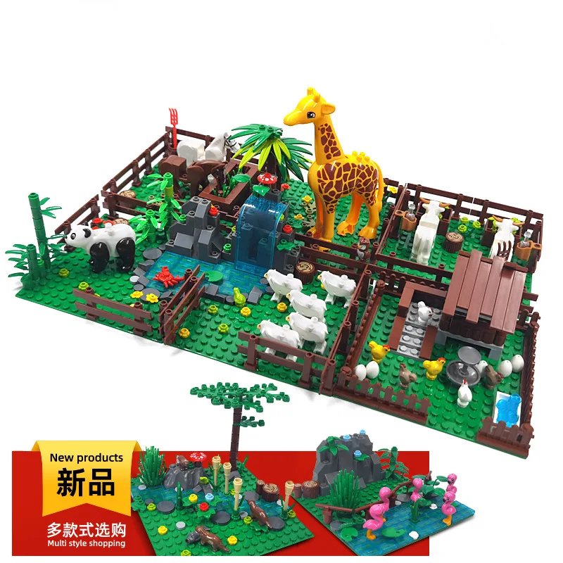 MOC Sheep Racecourse Chicken Nest Panda Cowshed Small Particle Farm Animal Building Scene Assembly Toys Compatible with LEGO