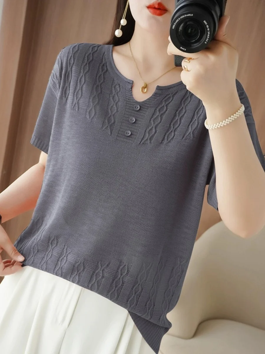 

Трикотажная футболка из бамбукового вискозы с эффектом похудения, льняная футболка из ледяного шелка, свободный женский топ, лето 202, V-Ne, корейский слей