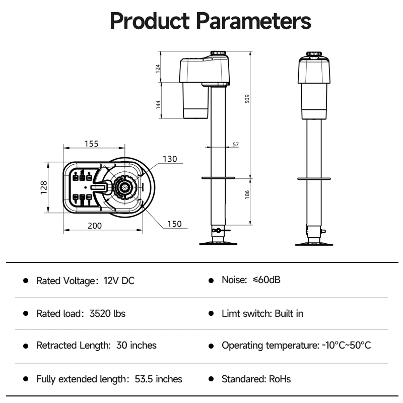 3500lbs 12V DC Electric Trailer Tongue Jack RV Stabilizer Jack For Travel Trailer Camper Lift Support Hardware Parts