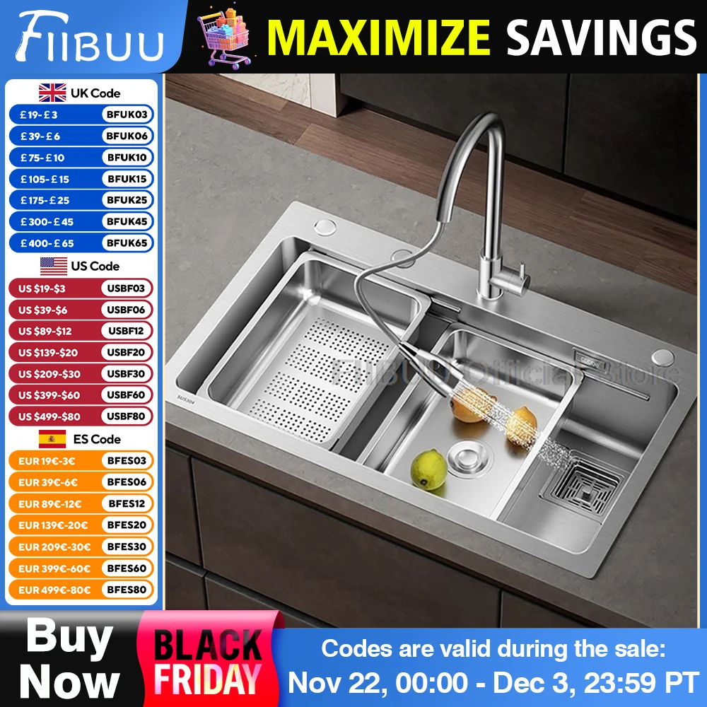 304 Stainless Steel Multifunctional Kitchen Sink Large Capacity Single Bowl Vegetable Workstation Wash/Cut/Drain in One Full Set