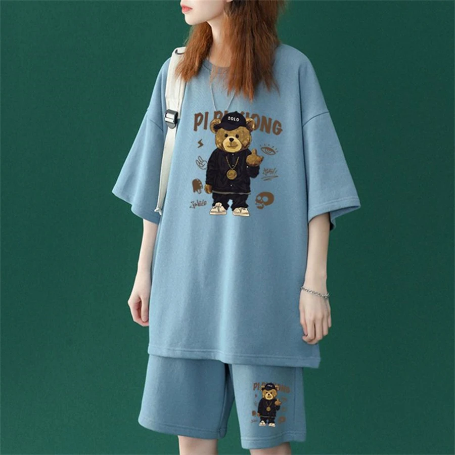 Cartoon Print Summer Casual Shorts 2 Piece Sets Loose Oversize For 145KG Korean Tracksuit Half Sleeve T-shirt+Short Pants Outfit