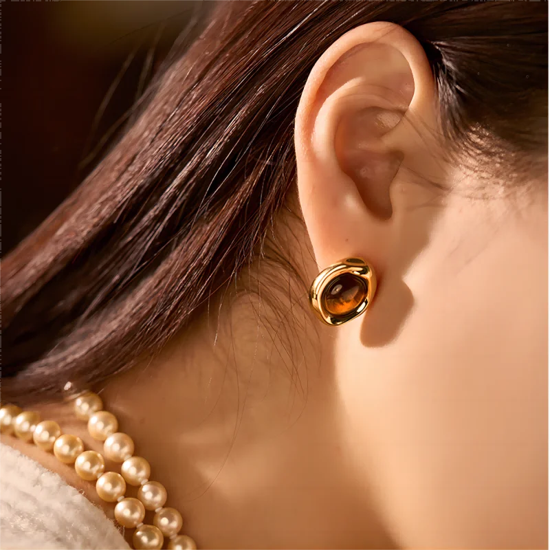 

Fashion 18K Gold Plated Irregular Geometric Stud Earrings Waterproof Stainless Steel Nature Stone Pearl Earrings Jewelry