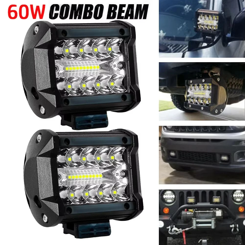 2PCS 60W LED Work Light Bar Spot Flood Led Headlights for Pods Offroad Fog Lamp SUV