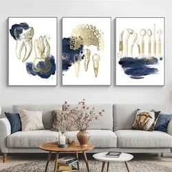 Navy Blue Medical Teeth Spine Skeleton Prints Wall Art Canvas Painting Anatomy Office Posters Pictures For Dentist Clinic Decor